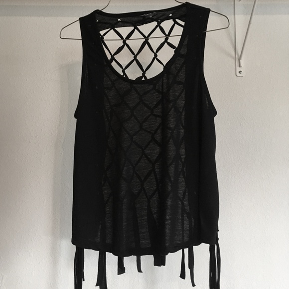 Black Open Back Fringe Tank Top - Picture 2 of 2